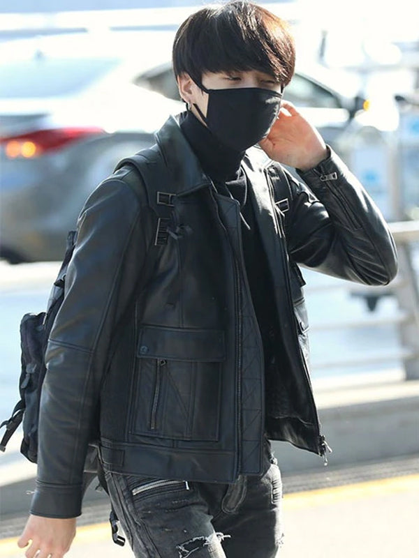 BTS Incheon Airport Jungkook Black Leather Jacket