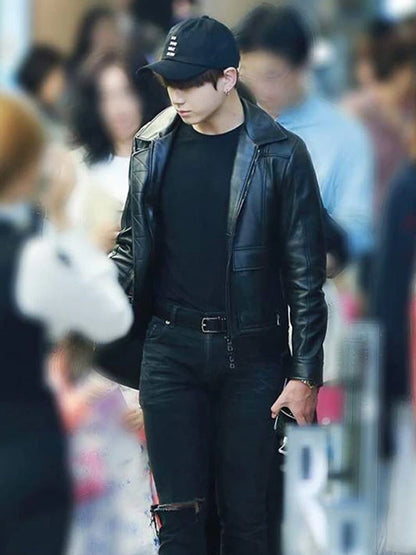 BTS Incheon Airport Jungkook Black Leather Jacket