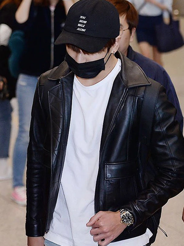 BTS Incheon Airport Jungkook Black Leather Jacket