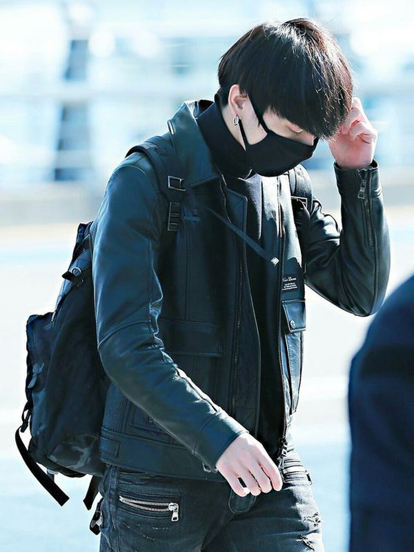 BTS Incheon Airport Jungkook Black Leather Jacket