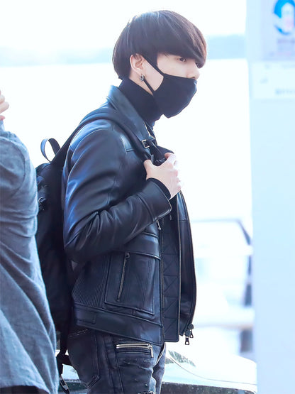 BTS Incheon Airport Jungkook Black Leather Jacket