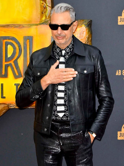 Jeff Goldblum Black Trucker Leather Jacket