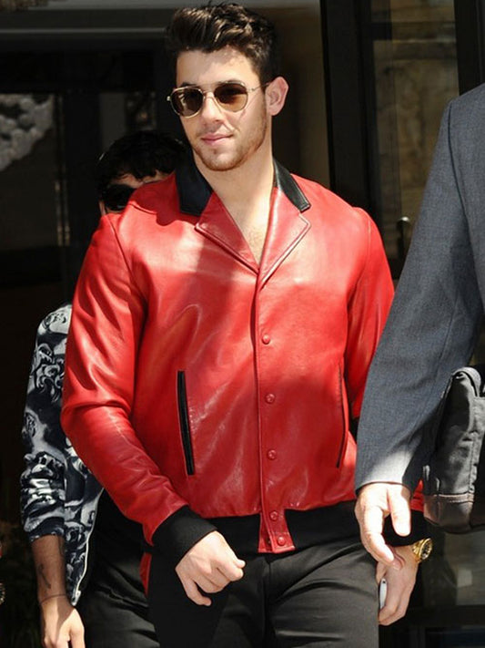 Nick Jonas Red Bomber Leather Jacket