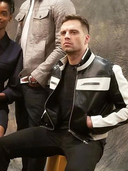 Sebastian Stan Black and White Biker Leather Jacket