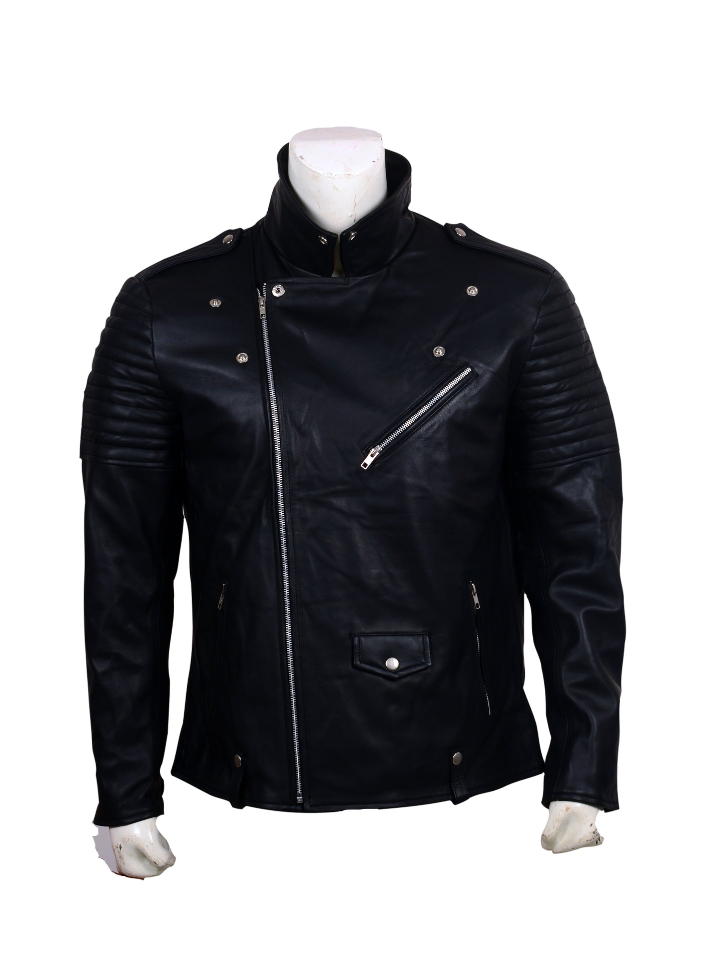 Skull Embroidered Black Leather Biker Jacket