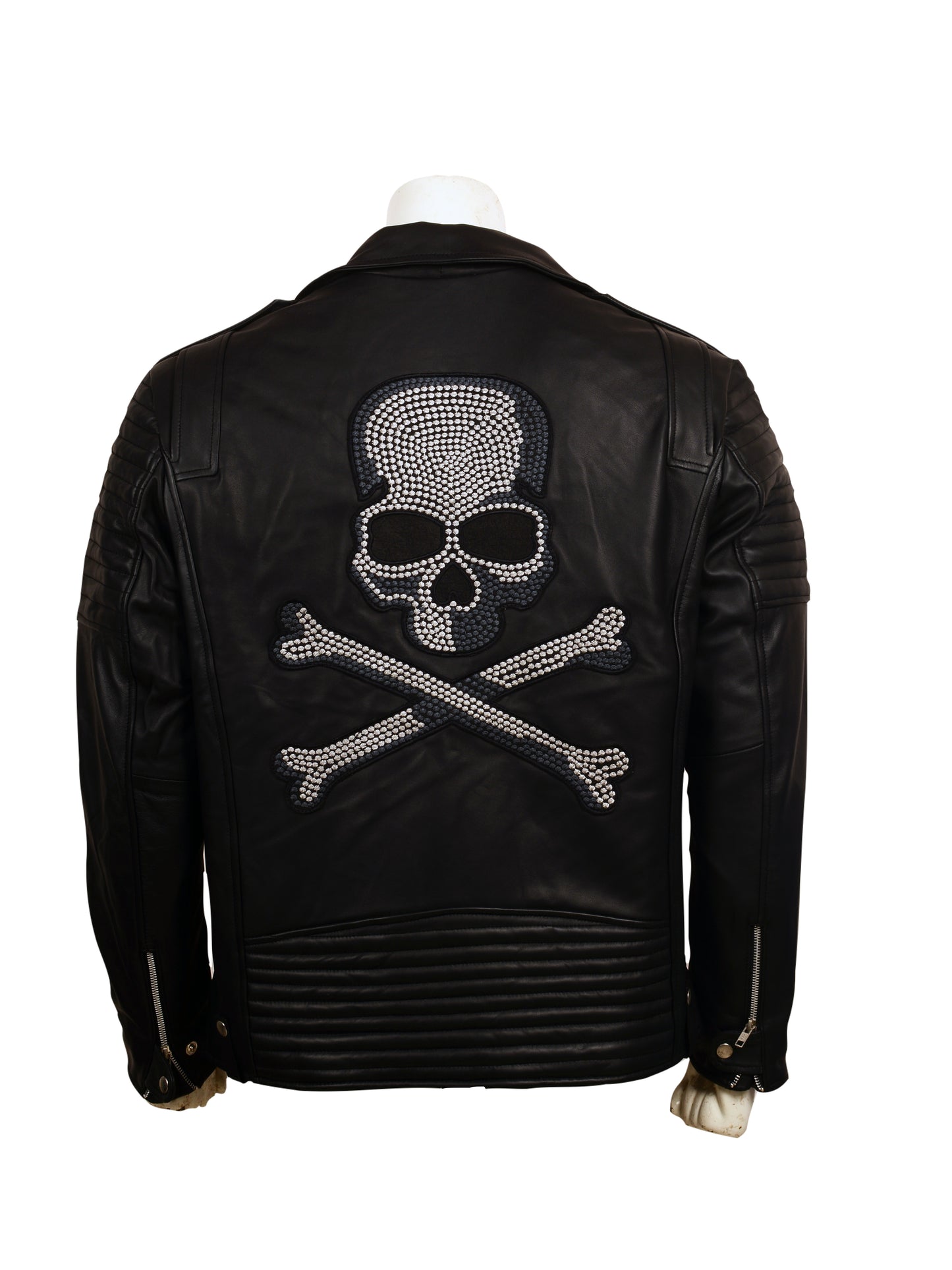 Skull Embroidered Black Leather Biker Jacket
